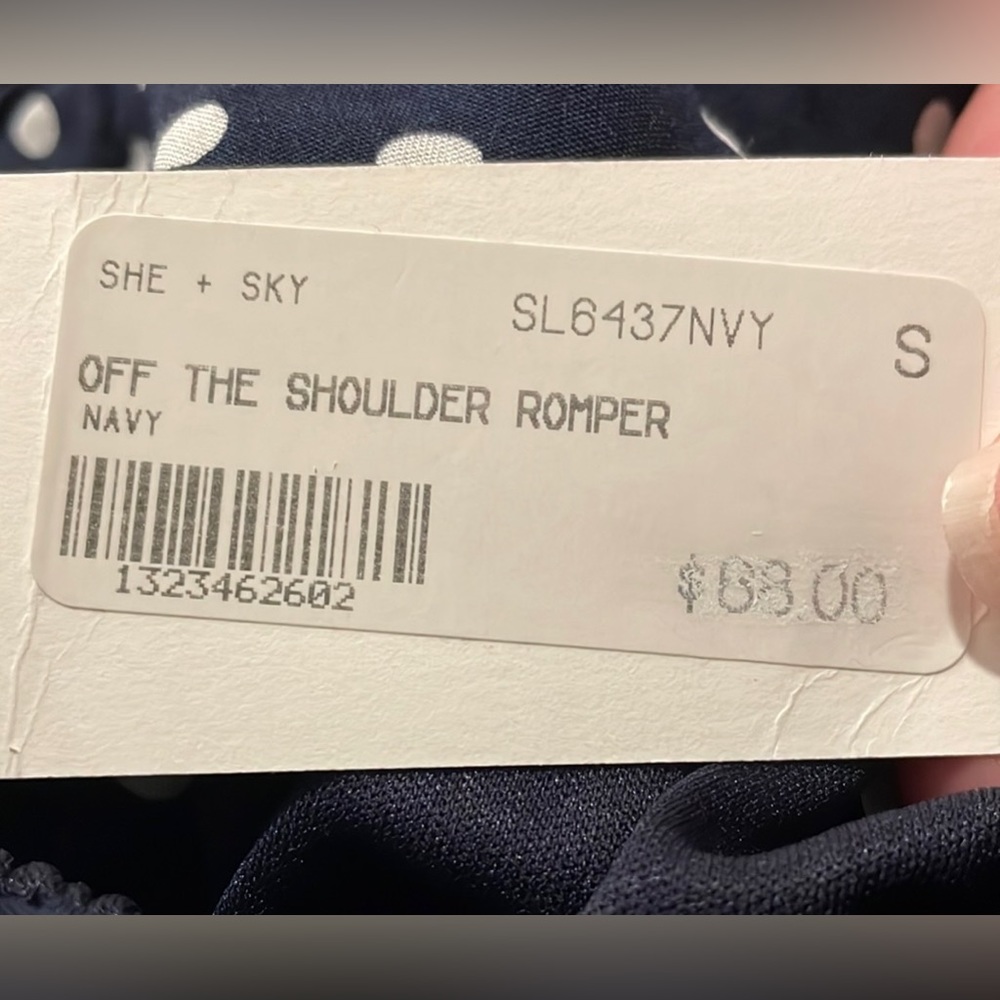 NWT Anthro She + Sky Off The Shoulder Polka Dot Romper in Navy & White Sz Small - Picture 3 of 4